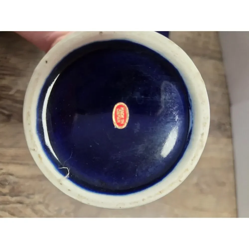 Vintage Japanese Ginger Jar Urn with Lid Cobalt Blue with Peacock & Floral scene